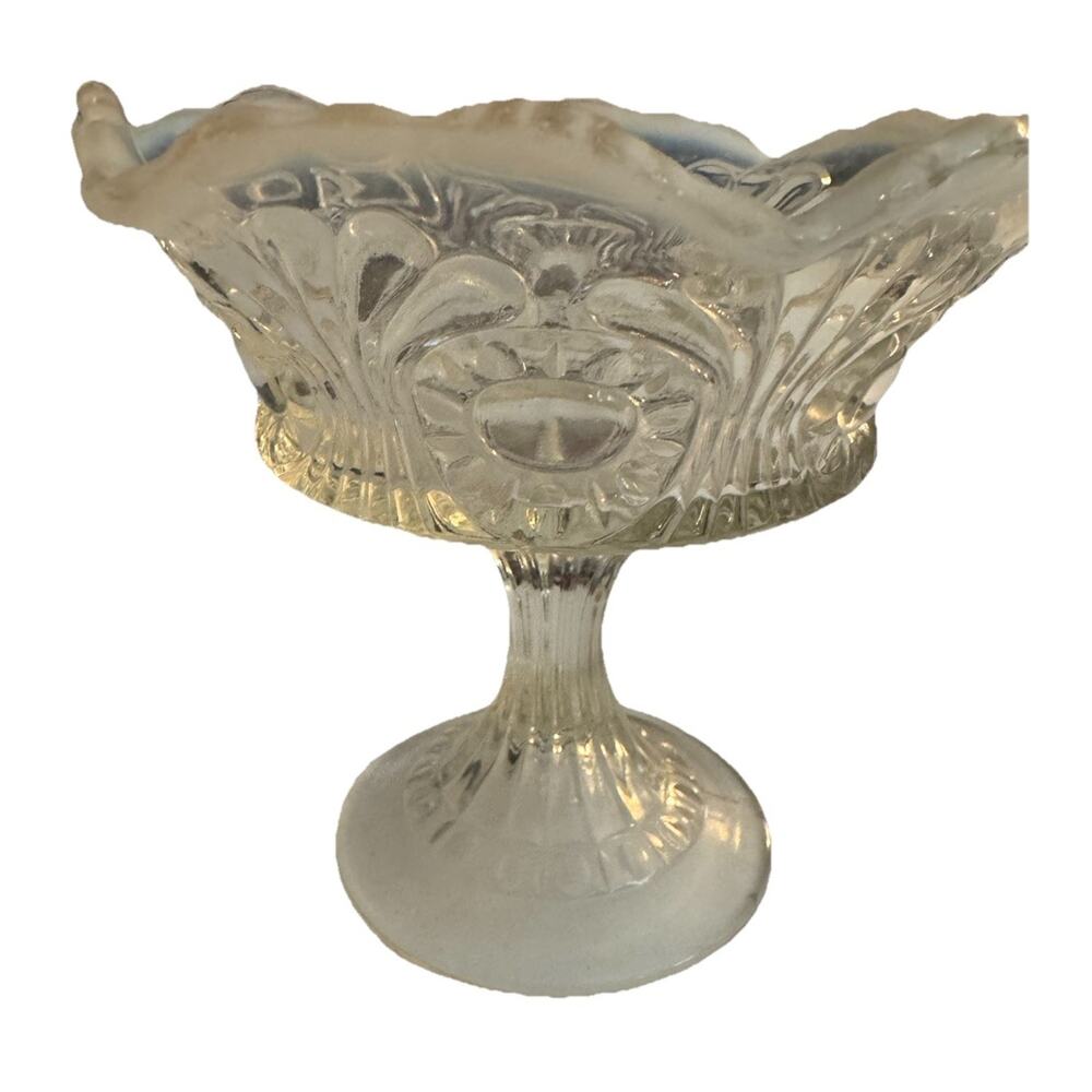 Vintage Fenton Art Glass Scroll & Eye Pattern Opalescent Footed Compote 5.25"